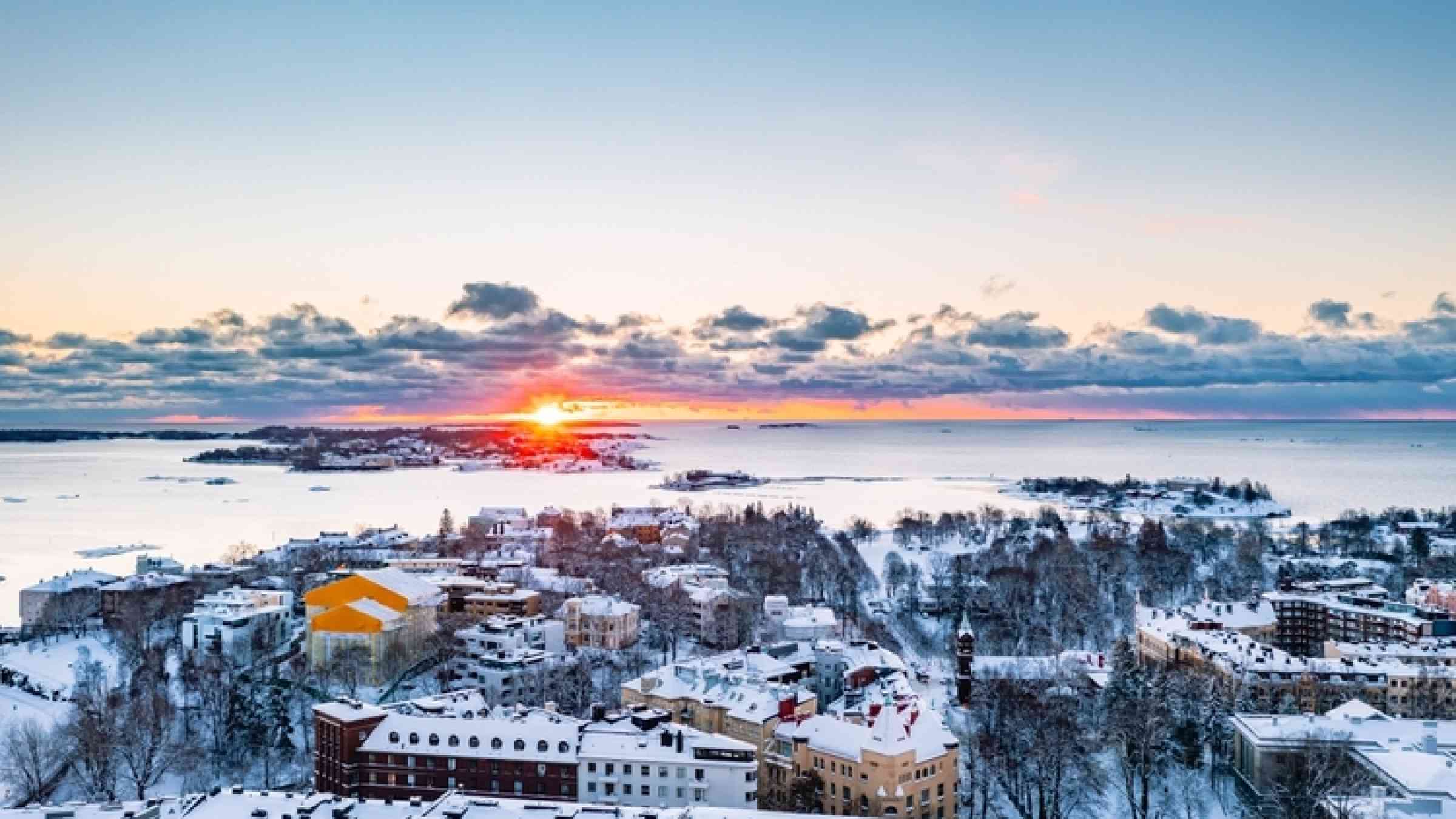 Beautiful winter cityscape from drone. Helsinki. Finland